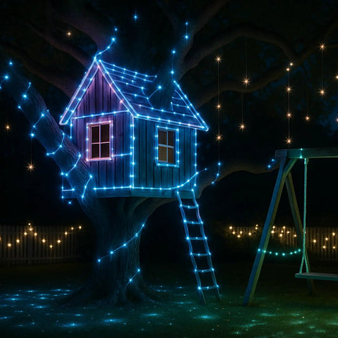 Treehouse wrapped in 132ft LED Rope Lights Outdoor Waterproof Color Changing String Lights With Remote, night view.