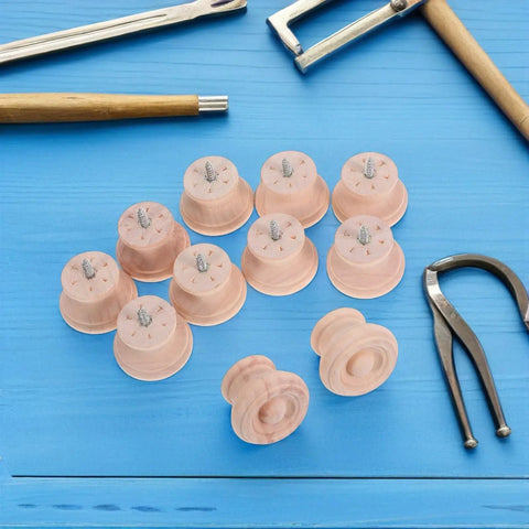 Round Wooden Drawer Knobs Set, 10 Pack, Single Hole Circular Wood Handles for Dressers on blue surface with tools