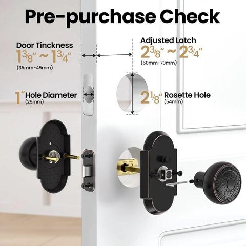 Diagram showing dimensions for Antique Privacy Door Knob With Push Button Lock for Bedroom And Bathroom installation.