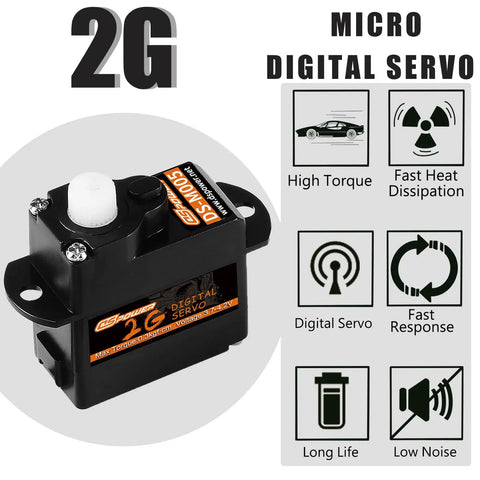 Five Pack 2G Plastic Gear Mini Servo Hobby Grade Digital Coreless Motor for RC models, showing compact design and key features