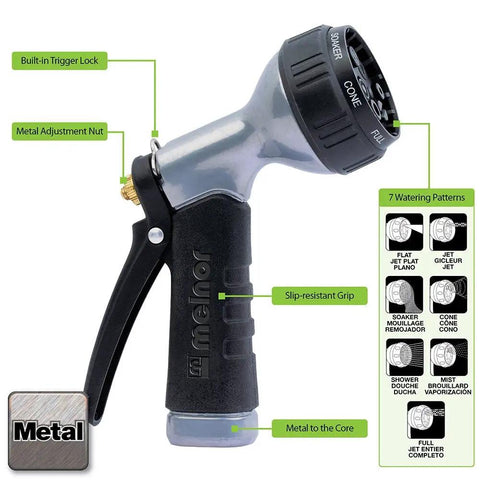 Small Metal Garden Hose Nozzle With Seven Spray Patterns, Easy Grip Handle, Built In Trigger Lock, Metal Construction