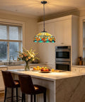 ARTZONE Antique Tiffany Pendant Light Fixture Stained Glass Hanging Lamp above kitchen island with flowers and fruit.