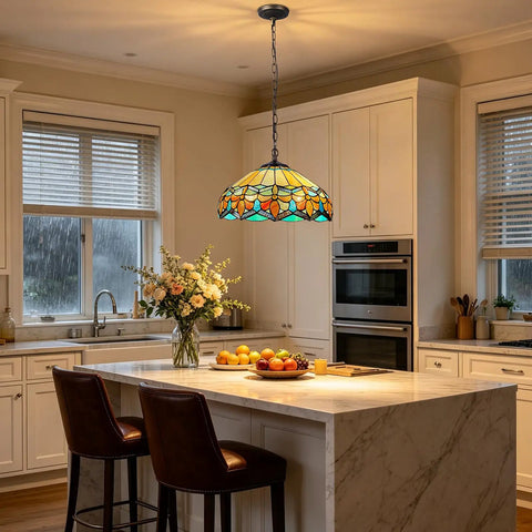 ARTZONE Antique Tiffany Pendant Light Fixture Stained Glass Hanging Lamp above kitchen island with flowers and fruit.