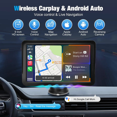 9 Inch Wireless CarPlay Screen For Cars With Apple CarPlay And Android Auto Receiver displaying navigation and media controls