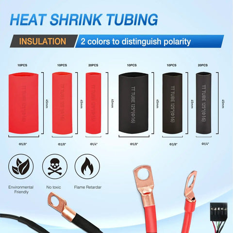 Heavy Duty Battery Terminal Crimp Connector Kit With 70 Copper Wire Lugs And 80 Heat Shrink Tubing For 2 4 6 8 10 AWG