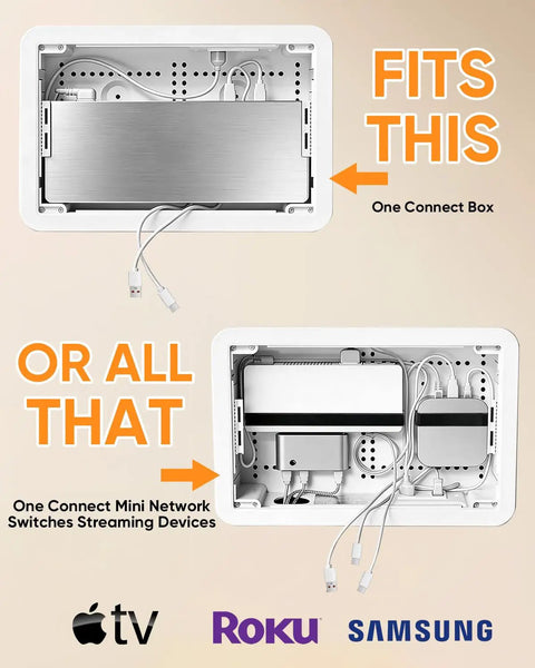 Stress Free Install Recessed Tv Media Box Featuring Wifi Friendly Cable Routing showing One Connect Box and Mini Network.