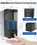 Heavy Duty Wall Mount Soap Dispenser 17 Oz Large Capacity Manual Pump For Kitchen And Bathroom No Fuss Refills Premium Abs Material Lotion Bottle Game Changer Slick Black dispensing soap on a hand.