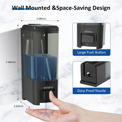 Heavy Duty Wall Mount Soap Dispenser 17 Oz Large Capacity Manual Pump For Kitchen And Bathroom No Fuss Refills Premium Abs Material Lotion Bottle Game Changer Slick Black dispensing soap on a hand.