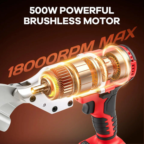 Milwaukee M18 18V Battery Cordless Metal Shear Cutter With 295 Feet Pounds Torque Power, showcasing 500W brushless motor and components.