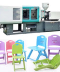 Heavy Duty Hydraulic Plastic Injection Molding Machine for Chair and Home Goods Automatic Factory Setup with colorful chairs.
