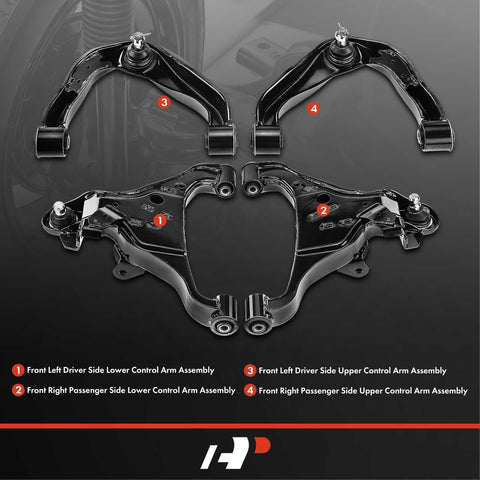 Beefed Up Set Of Four Front Upper And Lower Control Arm Kit With Ball Joints And Bushings For Nissan Frontier 2005 2018 Pathfinder 2005 2012 And Xterra 2005 2015 Designed For Tough Roads And Tight Steering With Smooth Ride displayed in set