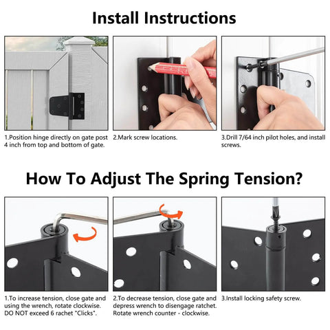 Installation instructions for a Self Closing Spring Gate Hinge Three And One Half Inch Heavy Duty Automatic T Hinge Steel Black Finish.