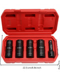 Heavy Duty 5 Piece Tire Socket Wrench Set For Lug Nut Removal With 12 Inch Drive Adapter Double Ended Chrome Molybdenum Steel Kit in red case, 22.5 cm wide
