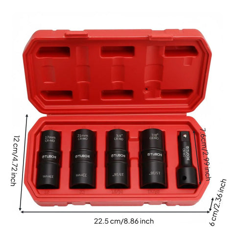Heavy Duty 5 Piece Tire Socket Wrench Set For Lug Nut Removal With 12 Inch Drive Adapter Double Ended Chrome Molybdenum Steel Kit in red case, 22.5 cm wide
