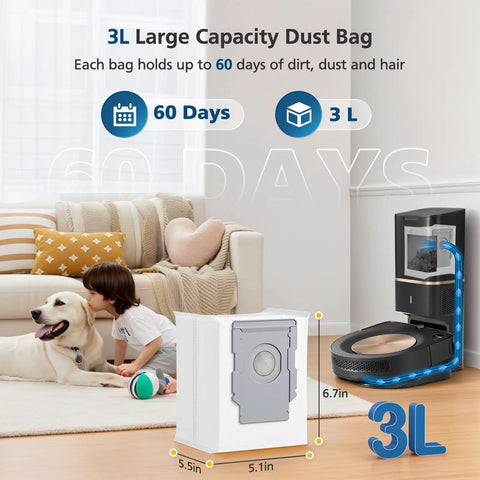 3L vacuum bag for Roomba showing size and 60-day capacity alongside Roomba dock in living room with dog and child