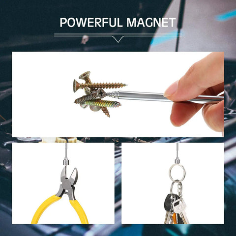 12 Piece Telescoping Magnet Pickup Tools Set with Pocket Clip, magnetic grabber holding screws and tools in various scenes.