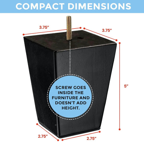 Espresso Wood Furniture Legs Set Of 4 5 Inch Square Screw In Replacement Feet For Sofas Couches And Coffee Tables Durable Tapered Bench Legs With Modern Dark Finish For Easy Upgrades And Renovations DIY Friendly showing dimensions and screw placement