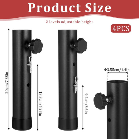 4 Pack Adjustable Table Leg Extenders Heavy Duty Steel Chair Risers dimensions showing dual height adjustments, up to 7.88 in.