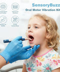 Child using Clean Setup Oral Motor Vibration Kit With Seven Swappable Textured Silicone Heads For Mouth Muscle Tone and Sensory Relief.