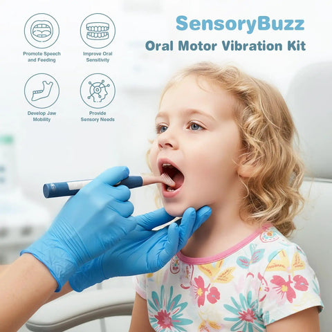 Child using Clean Setup Oral Motor Vibration Kit With Seven Swappable Textured Silicone Heads For Mouth Muscle Tone and Sensory Relief.