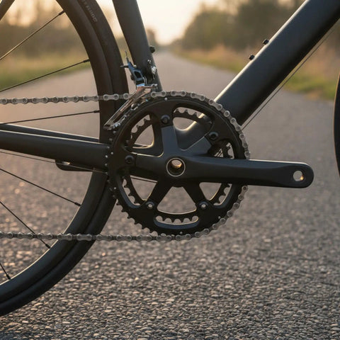 130mm 44T Aluminum Alloy Crankset With Bottom Bracket Matte Black Hollow Design For Lighter Rotational Weight And Smooth Road Bike Upgrades For Bikers And Cyclists, side view on bike