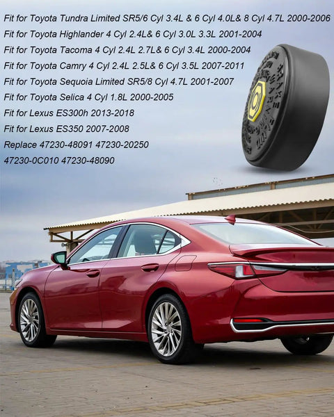 Toyota Brake Master Cylinder Fluid Reservoir Cap Replacement With Beefed-Up Leak-Proof Seal next to a red Toyota sedan