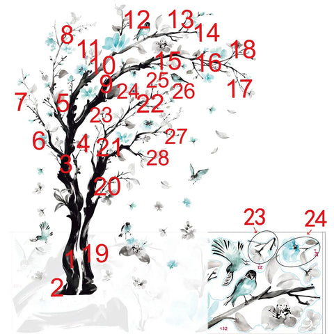 Epic Watercolor Tree Wall Decals With Blue Flower Branches Easy Peel And Stick Waterproof And Removable Perfect For Living Room Bedroom Or Kitchen Decor Giant Size Options 63 Inch Or 48 Inch, depicting assembled tree with blue flowers and birds