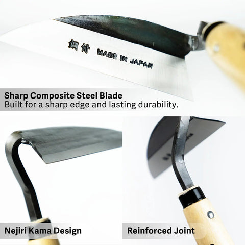 Compact Hand Weeding Sickle For Quick Surface Weed Removal In Narrow Beds And Tight Spaces, close-up of twisted blade and joint