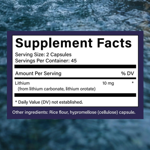 Supplement facts label for 10mg Lithium Orotate Anxiety And Mood Support Capsule For Stress Relief And Chill Mood Boost Vegan Non-GMO