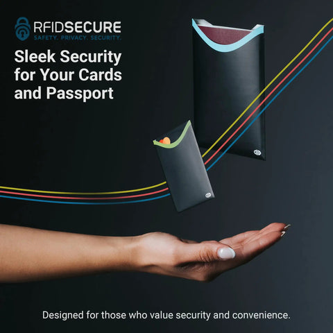 Blocking Card And Passport Sleeves Set For Ultimate Identity Theft Protection shown above a hand.