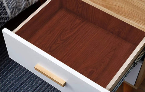 Drawer lined with Red Brown Wood Grain Peel And Stick Wallpaper With Waterproof Self Adhesive Backing Thick Texture Easy To Clean DIY Friendly Removable Cabinet Drawer And Countertop Decor 78.7 By 17.7 Inches.