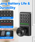 Game Changer Keyless Entry Deadbolt Door Lock with Sleek Knobs Supports Password and Physical Key Unlocks Zero App Required showing backlit keypad features.