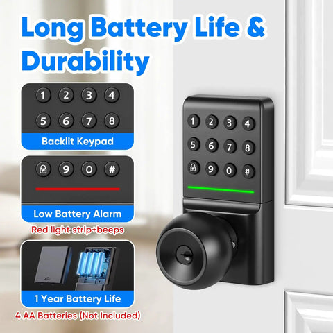 Game Changer Keyless Entry Deadbolt Door Lock with Sleek Knobs Supports Password and Physical Key Unlocks Zero App Required showing backlit keypad features.