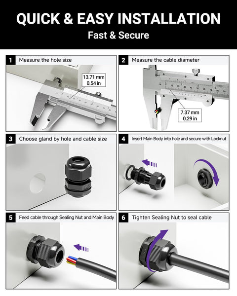 Installation instructions for Ten Pack Nylon Cable Glands One Quarter Inch NPT Waterproof IP68 Cord Connectors PA66