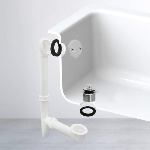No Sweat Setup Twist Close Bath Waste And Overflow Kit featuring a white polypropylene drain with chrome trim and rubber gaskets.