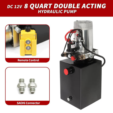 12V DC Hydraulic Power Unit For Dump Trailers 8 Quart Double Acting Pump With 15 Foot Remote Control Sturdy Metal Tank