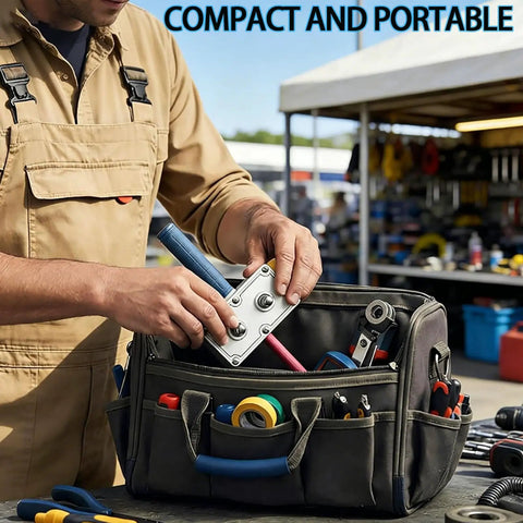Professional Automatic Wire Puller And Cable Threader For Conduit in a tool bag with tape, wrenches, and accessories for electricians.