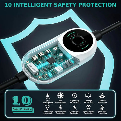 Level Two Portable Ev Charger Delivering Straight Up 3.5 Kw Adjustable 16 Amp Output safety features close-up view with tech details.