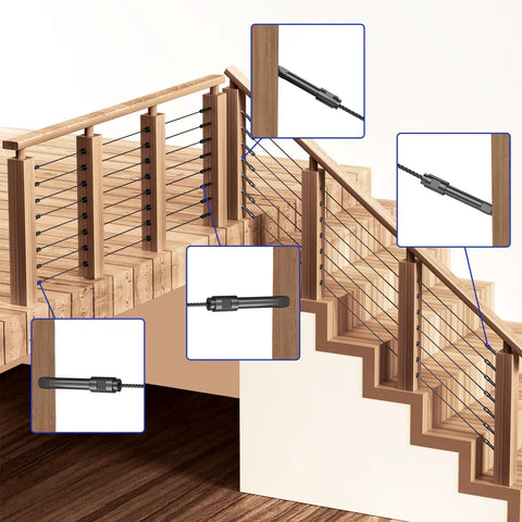 Swageless Lag Screws Left And Right Set For Wood Posts Black One Eighth Inch 20 Pack T316 Stainless Steel Cable Railing Kit installed on staircase