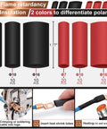 Copper Battery Cable Ends And Wire Lugs Assortment Kit with heat shrink tubing in black and red for polarity indication, crimping steps shown.