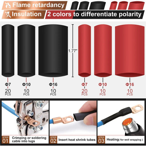 Copper Battery Cable Ends And Wire Lugs Assortment Kit with heat shrink tubing in black and red for polarity indication, crimping steps shown.