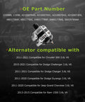 11598N High Output Alternator Replacement For Chrysler 300, Dodge Challenger, Charger, Durango, Jeep Grand Cherokee, And Ram 1500 3.6L V6 2011 Through 2021 OE 4801778AF 56029789AA displayed with compatibility list