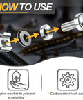 Hella Sturdy M6 X 20mm Rack Mount Cage Nuts And Stainless Steel Screws With Flat Washers assembly instructions showing nylon washer and rack screw.