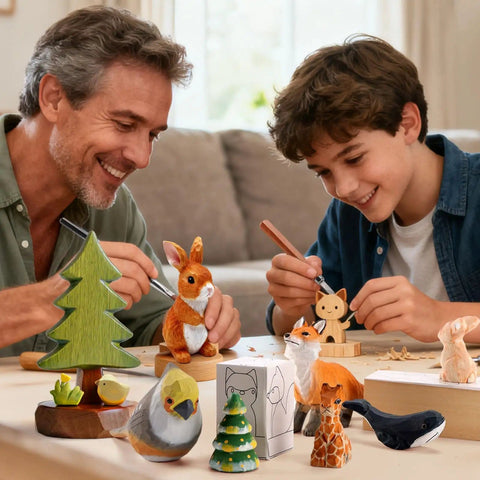 Father and son using Beginner Wood Carving Kit With Blocks And Tools For Kids And Adults, whittling animal figures from wood blocks.