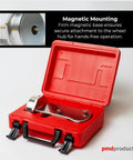 Pro Grade Magnetic Camber Caster And KPI Alignment Gauge With Bullseye Bubble Vials in a red case with metallic gauge.