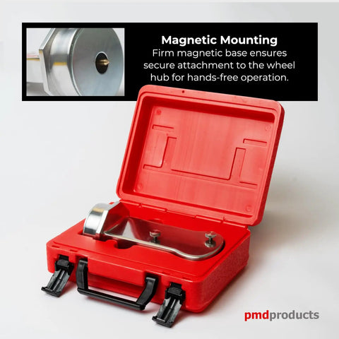Pro Grade Magnetic Camber Caster And KPI Alignment Gauge With Bullseye Bubble Vials in a red case with metallic gauge.