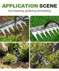 Weeding Rake 2.0 Workhorse Garden Weeder Tool With Carbon Steel Teeth for loosening soil, pulling weeds, and bed prep in use