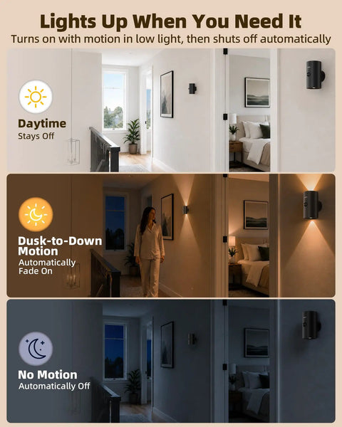 Sleek Wireless Motion Sensor Wall Light Rechargeable LED Sconce With Peels Off Paper Mount in action for various lighting scenarios.