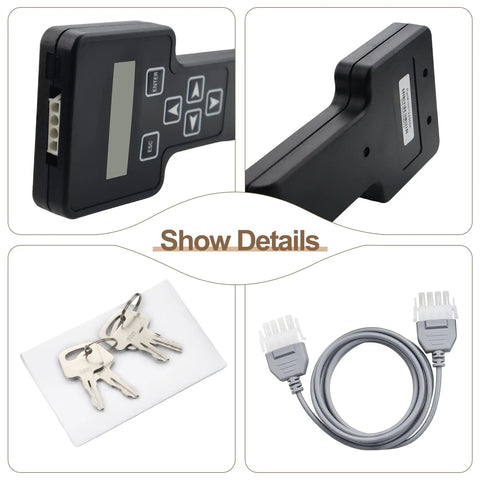 Heavy Hitter Analyzer Diagnostic Tool Plus Cable Program Kit For JLG Scissor And Boom Lifts, handheld scanner, keys, and cable.