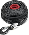 Half Inch By 100 Foot Synthetic Winch Rope Cable Kit For Off Road Trucks And ATVs 32000 Lbs Break Strength Black Protective Sleeve And Forged Hook beefed up recovery line coiled with hook